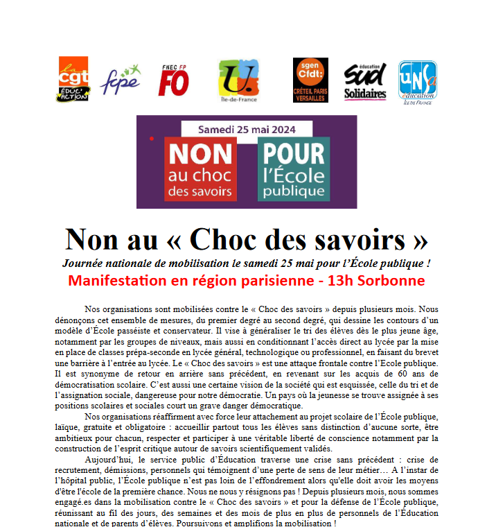 Appel manifestation 25 mai Paris